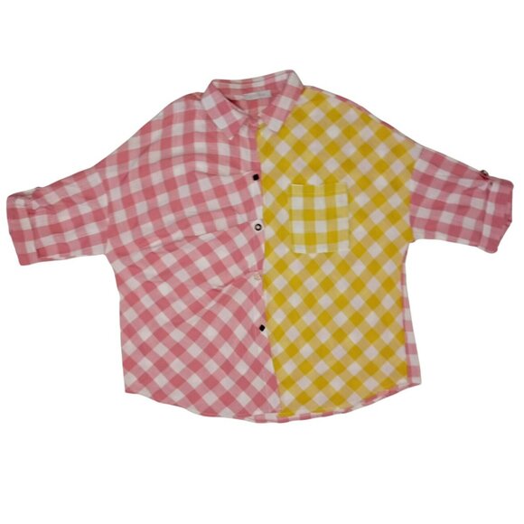 Atikshop Button-Up Shirt Pink & Yellow Gingham Colorblock Front Pocket Womens - Picture 2 of 13